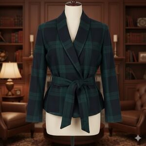 Chadwick Plaid Open Jacket Women Sz 14 Tartan Dark & Green Navy Belted Pleated